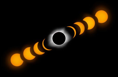 Sequence of images showing the progression of a total solar eclipse. The sequence captures the Sun being gradually obscured by the Moon, reaching totality with the Sun's corona visible, and then re-emerging