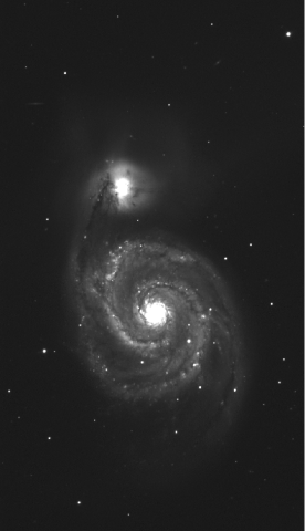 Black-and-white image of the spiral galaxy M51, known as the Whirlpool Galaxy, taken through a green filter. The galaxy displays a bright central core with prominent spiral arms filled with varying brightness and detail. A smaller companion galaxy is visible near the top, linked by a faint bridge of material