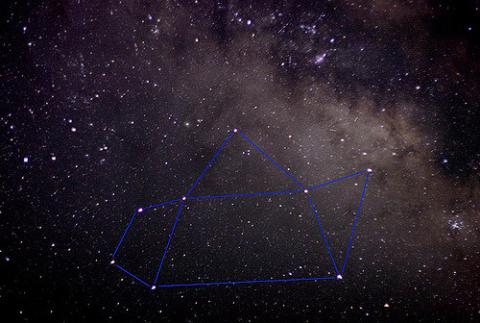 Night sky image showing a prominent asterism outlined in blue. The asterism is highlighted against the backdrop of the Milky Way, with numerous stars visible across the field of view