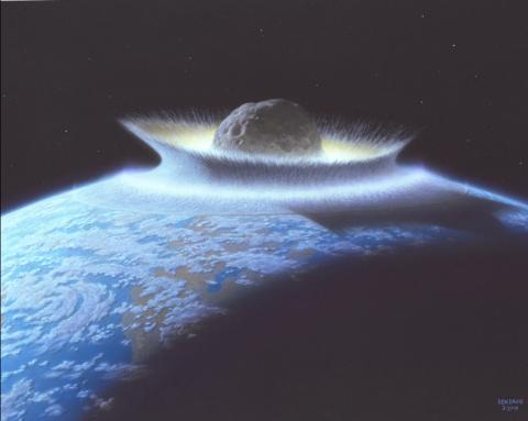 An illustration of a large asteroid impacting the Earth. The asteroid is shown striking the surface with a massive explosion and shockwave, ejecting debris and energy into the atmosphere. The Earth’s curvature, clouds, and landmasses are visible, highlighting the scale of the catastrophic impact.