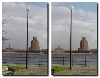 Two side-by-side images showing a slight shift in the position of a lamp post relative to the background, demonstrating the parallax effect.