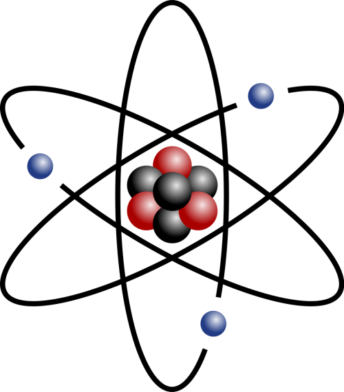 Model of an atom showing a central nucleus composed of protons and neutrons, with electrons orbiting around the nucleus