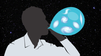 A sillouhette of a man blowing up a balloon. On the surface of the balloon are lots of cartoons of galaxies.