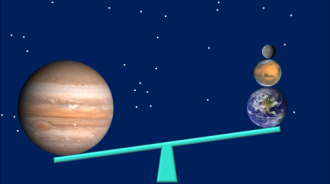 An image of a seesaw with the planet Jupiter weighing down one side, and lots of smaller planets stacked on top of each other in the air on the other side of the seesaw