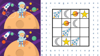 On the left-hand side, a spot-the-difference puzzle showing a cartoon astronaut on a planet. On the right-hand side, a sudoku puzzle showing cartoon images of rockets, stars, planets, and presents moons in boxes. There are letters from a wordsearch in the background.