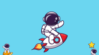 A cartoon astronaut riding on the back of a space rocket.