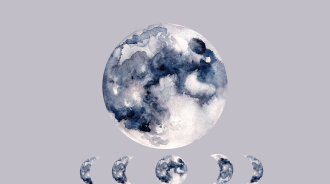 A cartoon Moon above a row of smaller Moons that show the different phases of the Moon