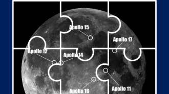 The top two thirds of the full Moon. Labels show where the 6 Apollo Missions landed. The Picture is divided up into 6 jigsaw pieces.