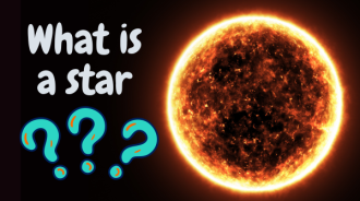 The image has a dark background with "What is a star?" in large bold text at the top and three question marks directly underneath. To the right is a close-up photograph of our Sun, coloured yellow and orange. 