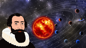 The picture shows a cartoon portrait of Johannes Kepler in front of an artist's impression of the Solar System.