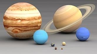 Planets of the solar shown at different sizes as a comparison. Jupiter is the largest, and then Saturn, with these two planets taking up most of the image space. Uranus and Neptune are shown as a lot smaller, and the Earth, Venus, Mercury and Mars being barely visible in comparison to the others. 