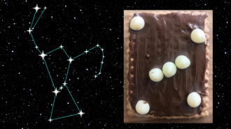 A picture of the constellation Orion on the left. A picture of a biscuit that has been decorated using chocolate spread and chocolate chips to show the shape of Orion. There is a dark starry background.