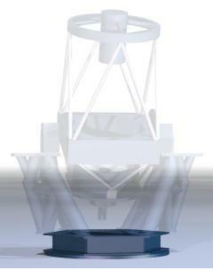 An architect draft of a large robotic telescope. The blue base at the bottom is highlighted.