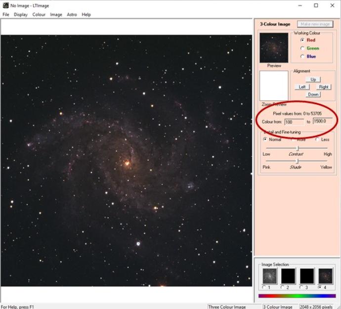 Screenshot of imaging software. Most of image shows the square display window with a picture of a galaxy. The spiral arms are dusty red/orange and very faint. There is a small, bright, orange/yellow circular centre. There are many dots of small, white stars against the black background. To the right, there is a window within the software showing options such as "Pixel vales" and "Alignment". 