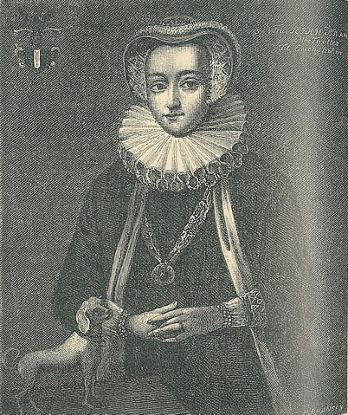 A photograph of an engraving of Sophie Brahe. She is stood with clasped hands. There is a small dog on the table in front of her.