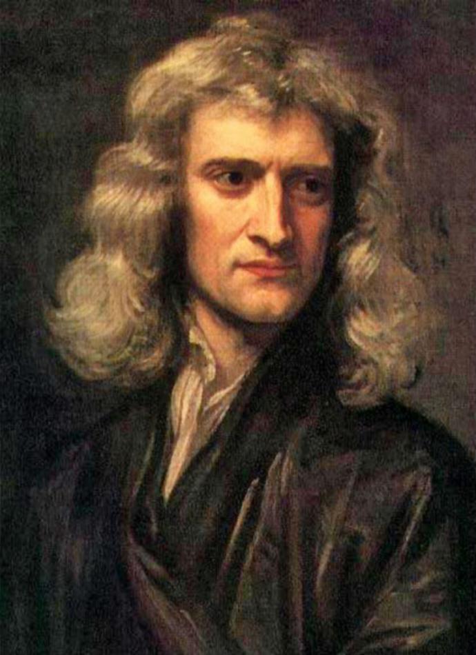 A portrait of Sir Isaac Newton, painted by Godfrey Kneller in 1689. Newton is depicted with long, wavy hair, wearing a dark robe, and has a serious, contemplative expression, reflecting his intellectual stature as a key figure in the scientific revolution