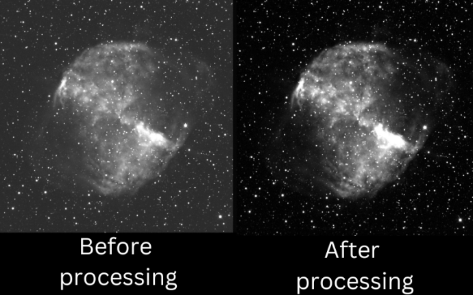 Two side-by-side pictures of a bubble-like, grey cloud against a black background which has lots of small, white dots of stars across it. The image on the left, labelled "Before processing", is more grey and it is difficult to see details of the cloud. The image on the right, labelled "After processing", has a blacker background and details within the cloud are more visible.