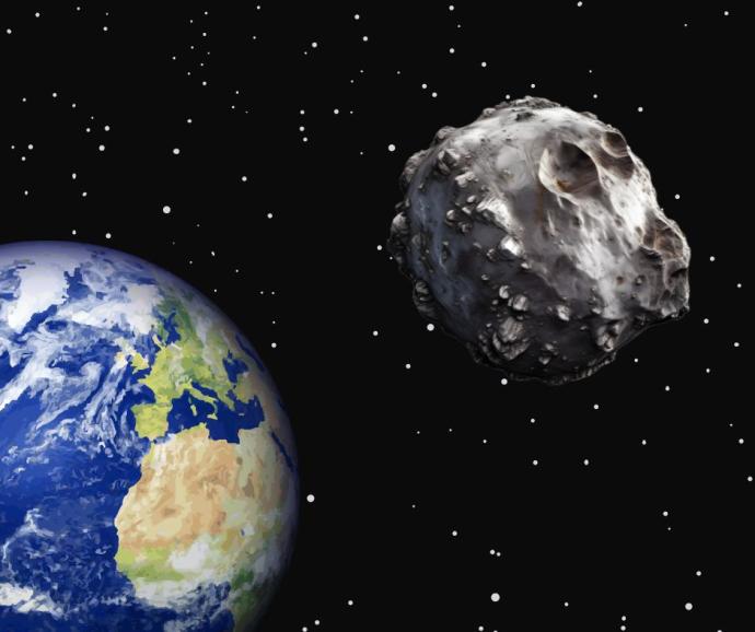 An illustration showing a large asteroid approaching Earth in space. The Earth is depicted on the left side with its continents and oceans visible, while the rocky, cratered asteroid is shown on the right side against a backdrop of stars