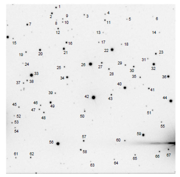 A black-and-white star chart with numbered labels identifying 67 stars, used to locate the NGC 957 star cluster