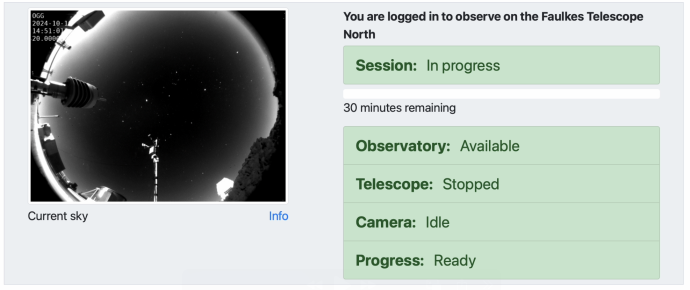 A screenshot of a webpage. On the left is a webcam image of the night sky. On the right it reads "Session: In Progress" at the top and underneath "30 minutes remaining". Below this are boxes "Observatory: Available", "Telescope:Stopped", "Camera:Idle", and "Progress:Ready" all in green.