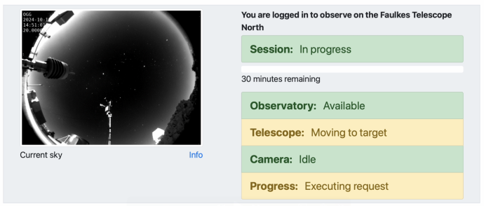 A screenshot of a webpage. On the left is a webcam image of the night sky. On the right it reads "Session: In Progress" at the top and underneath "30 minutes remaining". Below this are boxes "Observatory: Available", "Telescope:Moving to target", "Camera:Idle", and "Progress:Executing request".