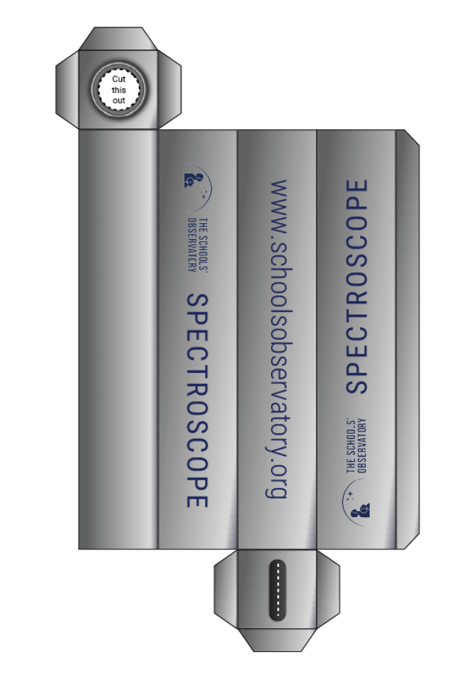 An illustration of a spectroscope cutout template from The Schools' Observatory. The template includes sections labeled 'SPECTROSCOPE' and 'www.schoolsobservatory.org,' with areas marked for cutting and folding to assemble the spectroscope. A small circular area labeled 'Cut this out' is near one end of the template