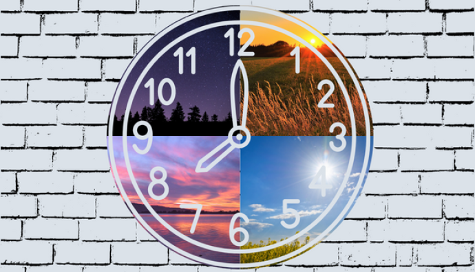 A graphic of a clock on a white brick wall. The clock is split into quarters, with each containing an image representing each of the 4 seasons.