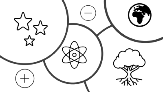 An illustration of large overlapping bubbles with different images inside. The centre is an atomic structure. Bottom left is a sphere with a positive symbol. Upper left is three cartoon stars. In the middle at the top is a sphere with a negative symbol. Upper right is a graphic of the Earth. Bottom right is a tree with lines representing its roots.